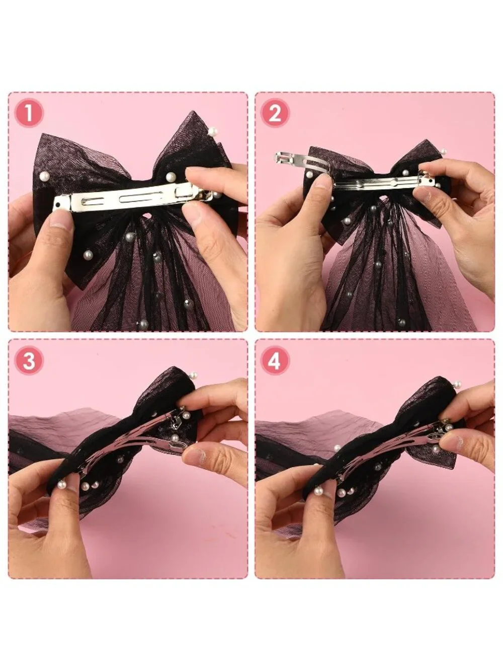 Women's Black Bridal Pearl Bridesmaid Barrette Hair SOLID Fantasy Bow Veil